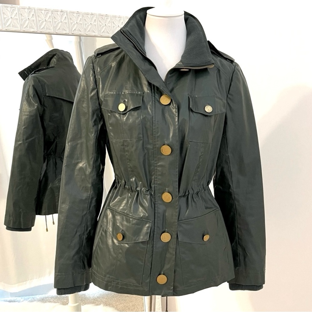 TORY BURCH Dark Green Women's Utility Rain Jacket with Gold Buttons